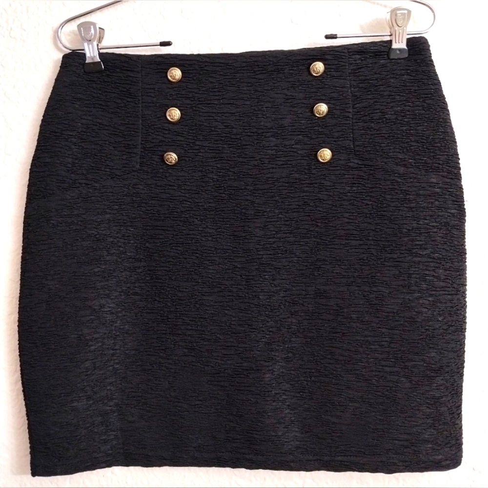 Korean Kpop Black Textured Ridged Gold Sailor Buttons Zipper Skirt Size Medium